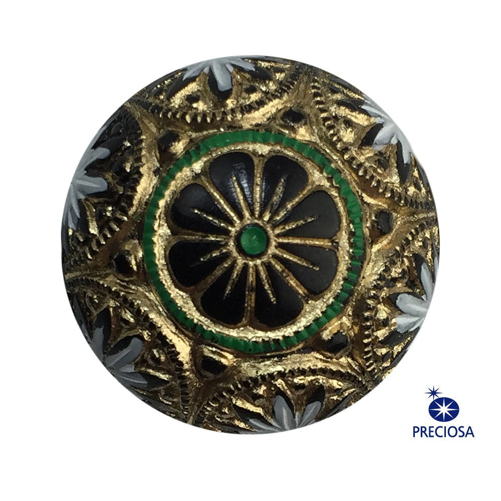 Preciosa Black Mosaic Glass Cabochons with Gold White Green 18mm (1) cab756F