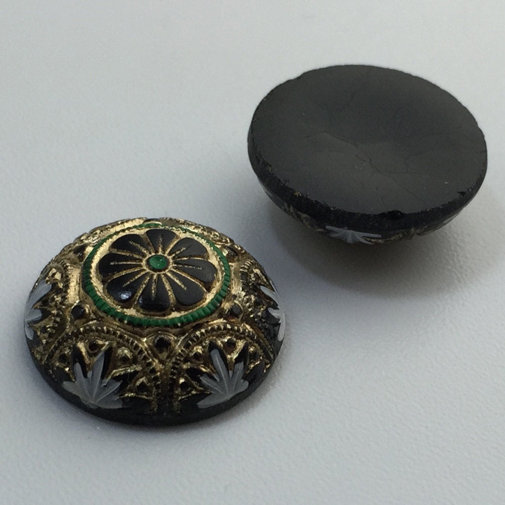Preciosa Black Mosaic Glass Cabochons with Gold White Green 18mm (1) cab756F