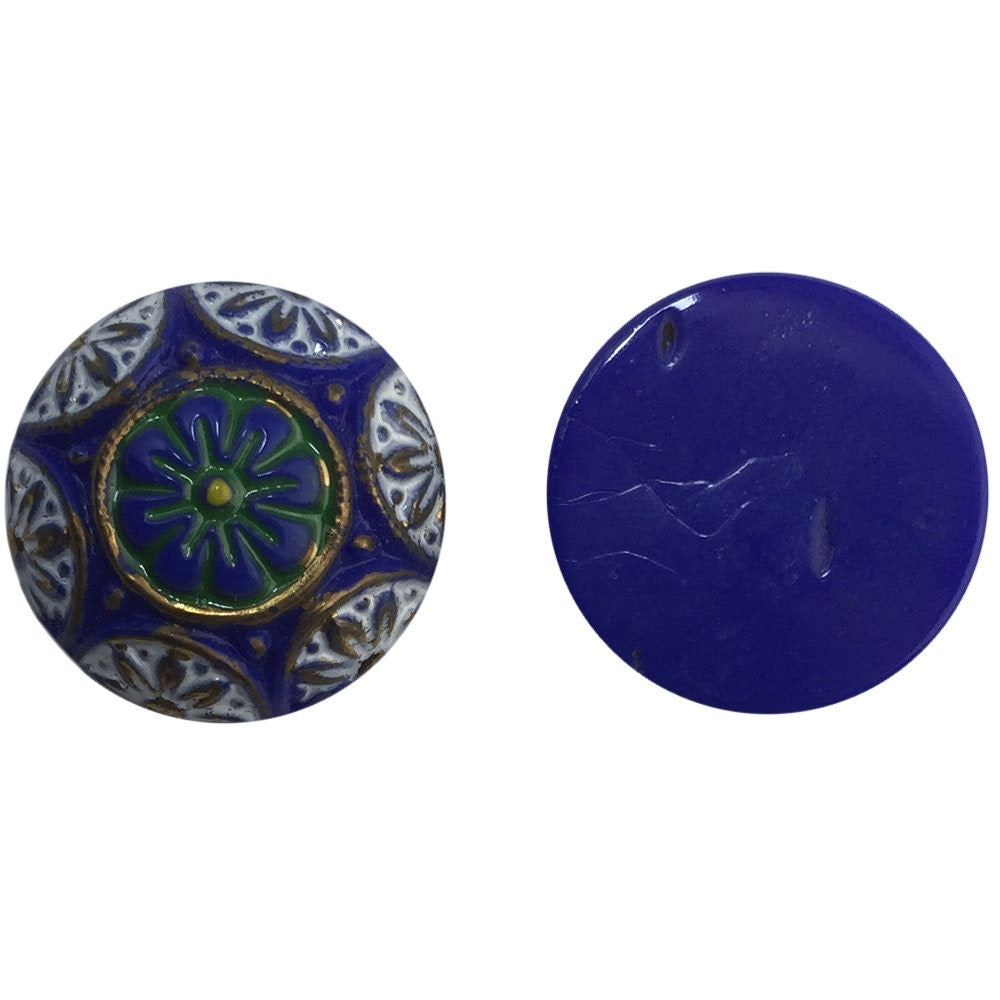 Vintage Blue Mosaic Glass Cabochons with Green White 18mm (1) cab756M