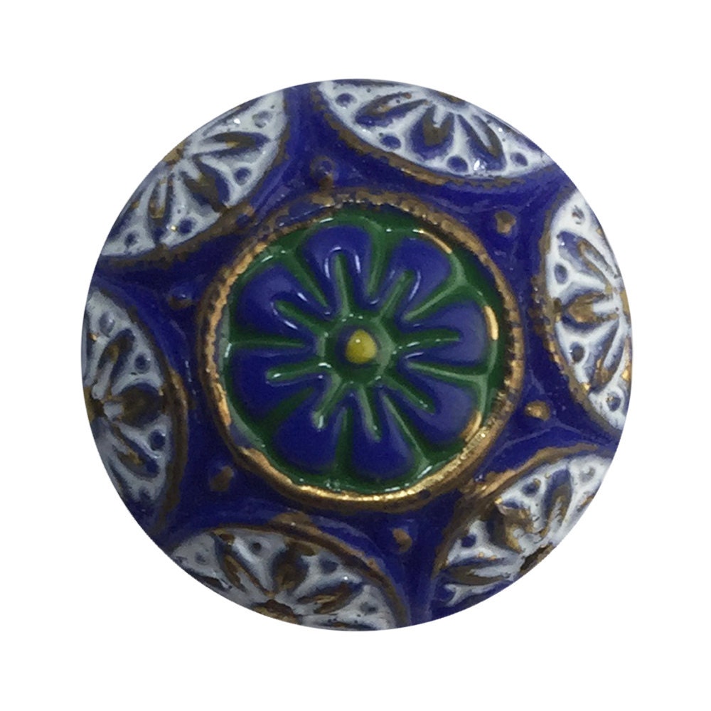 Vintage Blue Mosaic Glass Cabochons with Green White 18mm (1) cab756M