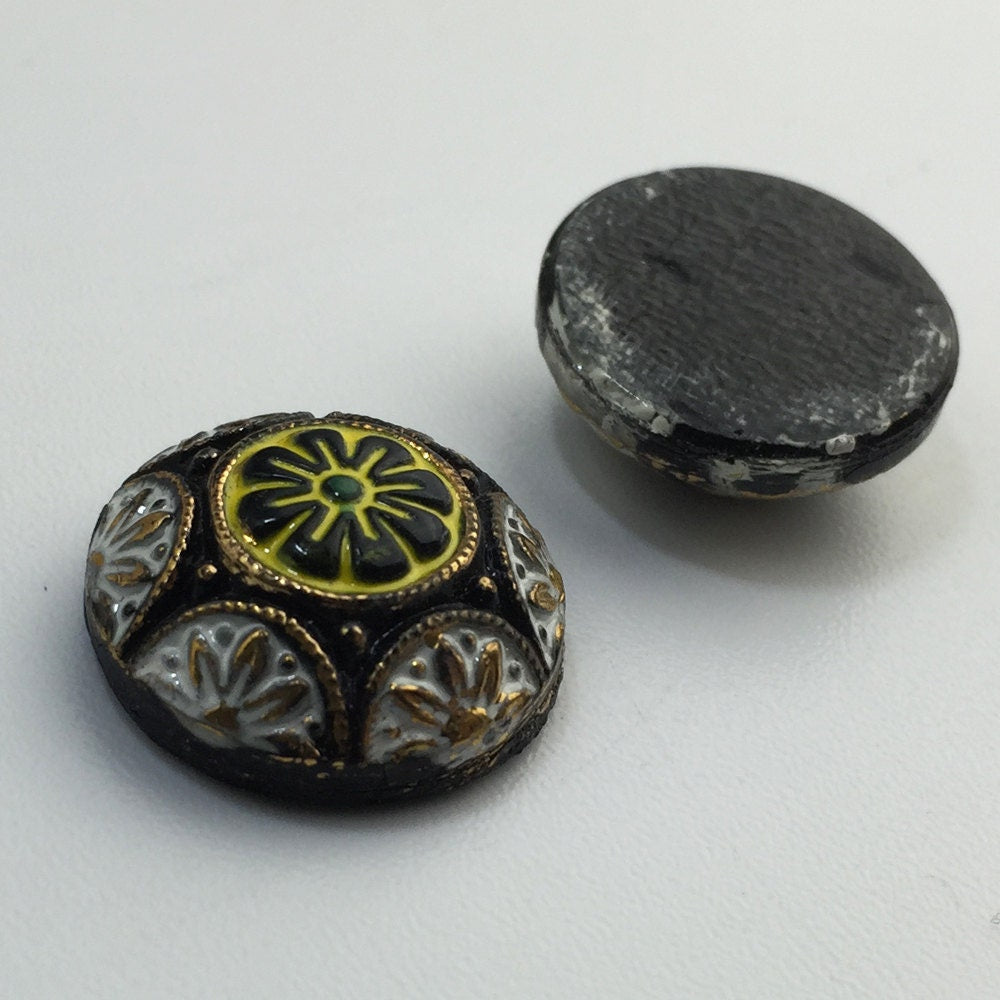 Vintage Black Mosaic Glass Cabochons with White Yellow 18mm (1) cab756R