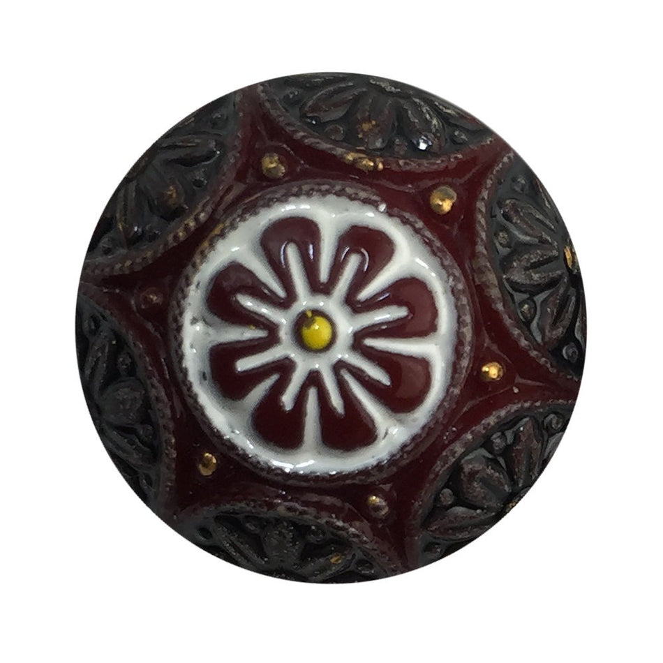 Vintage Burgundy Mosaic Glass Cabochons with White Black Gold 18mm (1) cab756T
