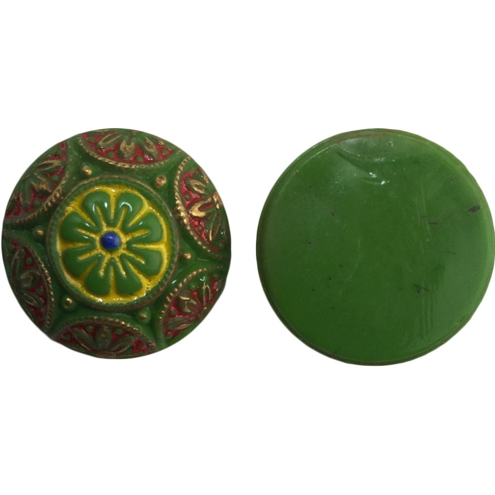 Vintage Green Mosaic Glass Cabochons with Red Yellow Gold 18mm (1) cab756U