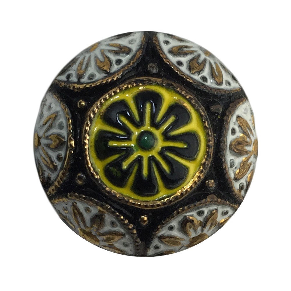 Vintage Black Mosaic Glass Cabochons with White Yellow 18mm (1) cab756R