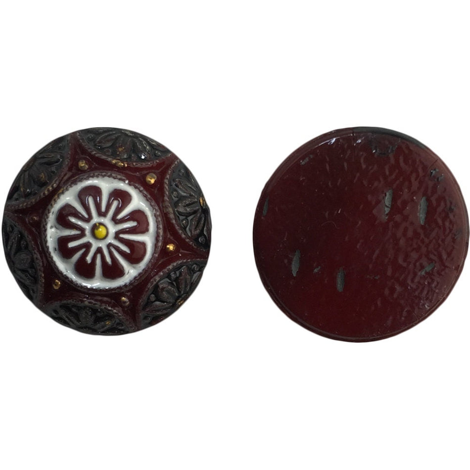 Vintage Burgundy Mosaic Glass Cabochons with White Black Gold 18mm (1) cab756T