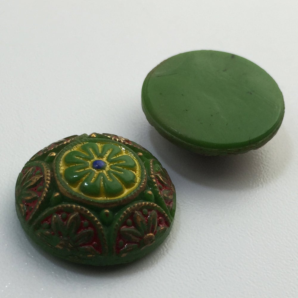 Vintage Green Mosaic Glass Cabochons with Red Yellow Gold 18mm (1) cab756U