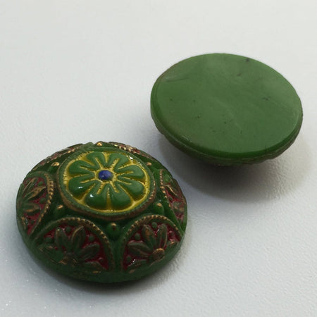 Vintage Green Mosaic Glass Cabochons with Red Yellow Gold 18mm (1) cab756U