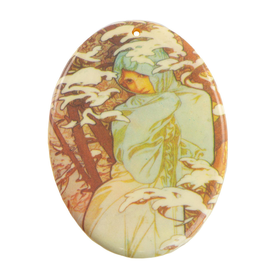 Winter by Alphonse Mucha Acrylic Oval Marbled Pendant 59x44mm (1)