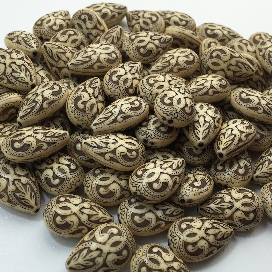 Vintage Style Antiqued Ivory Etched Plastic Tear Drop Beads 19x13mm (6) bds120R