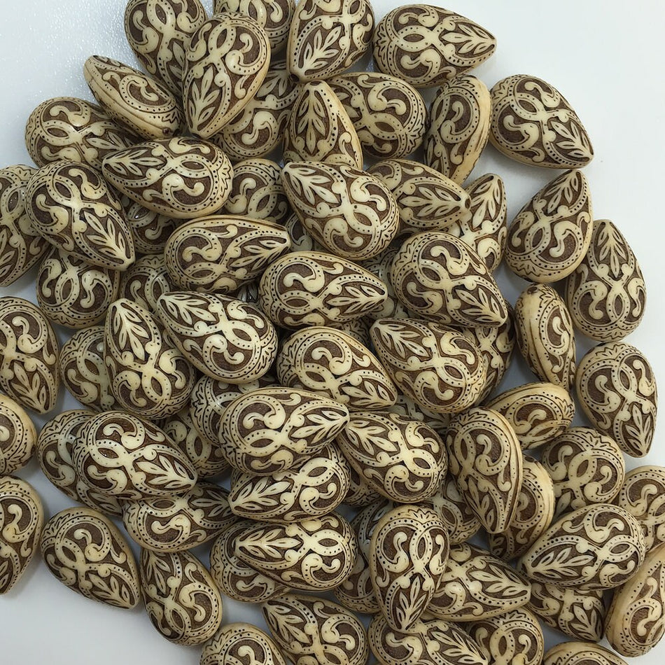 Vintage Style Antiqued Ivory Etched Plastic Tear Drop Beads 19x13mm (6) bds120R