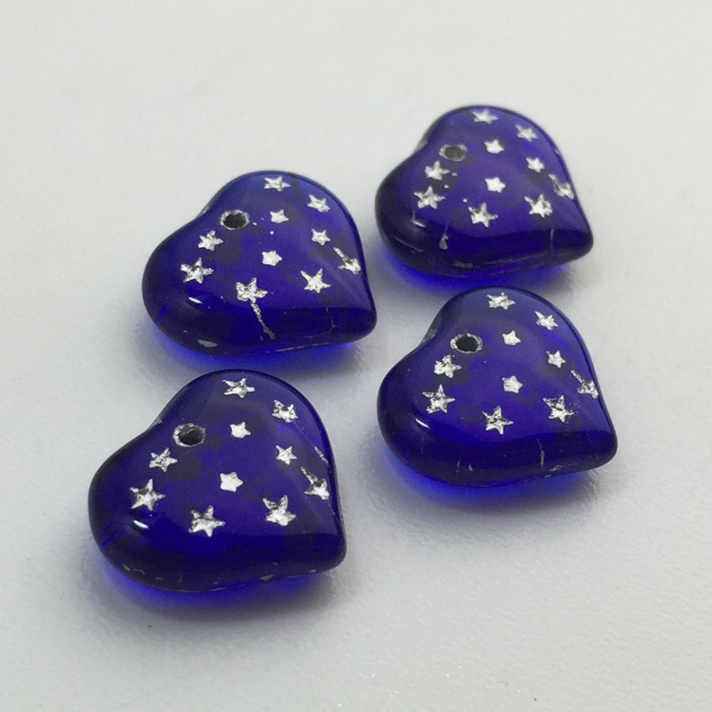 Cobalt Blue Hearts W/ Silver Painted Engraved Star Beads 14x12mm (8) bds1011A