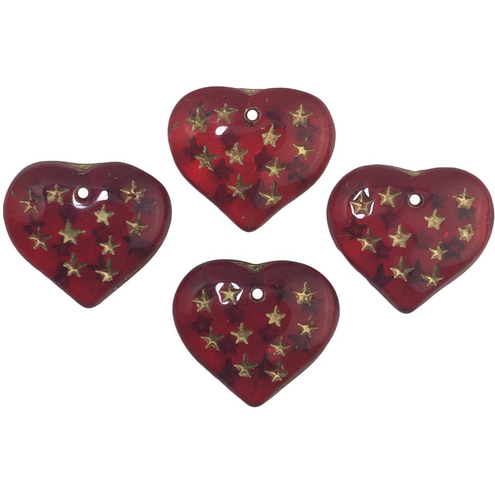 Ruby Red Hearts W/ Gold Painted Engraved Star Beads 14x12mm (8) bds1011B