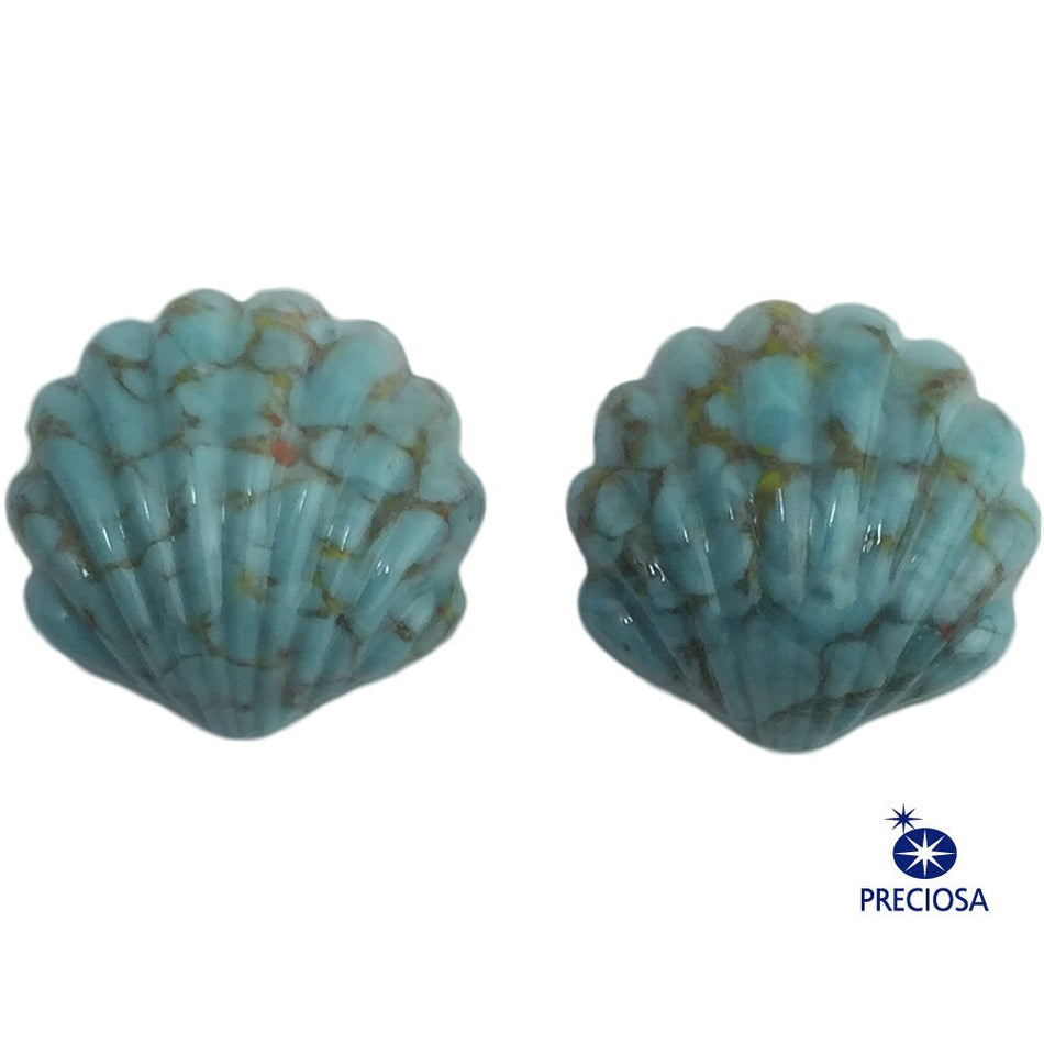 14mm Turquoise Matrix Ribbed Shell Glass Cabochons (2)