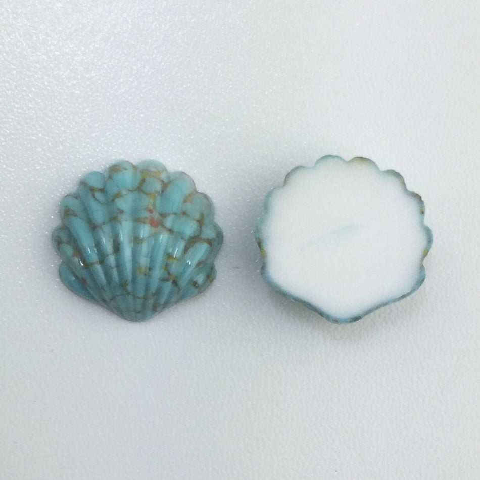 14mm Turquoise Matrix Ribbed Shell Glass Cabochons (2)