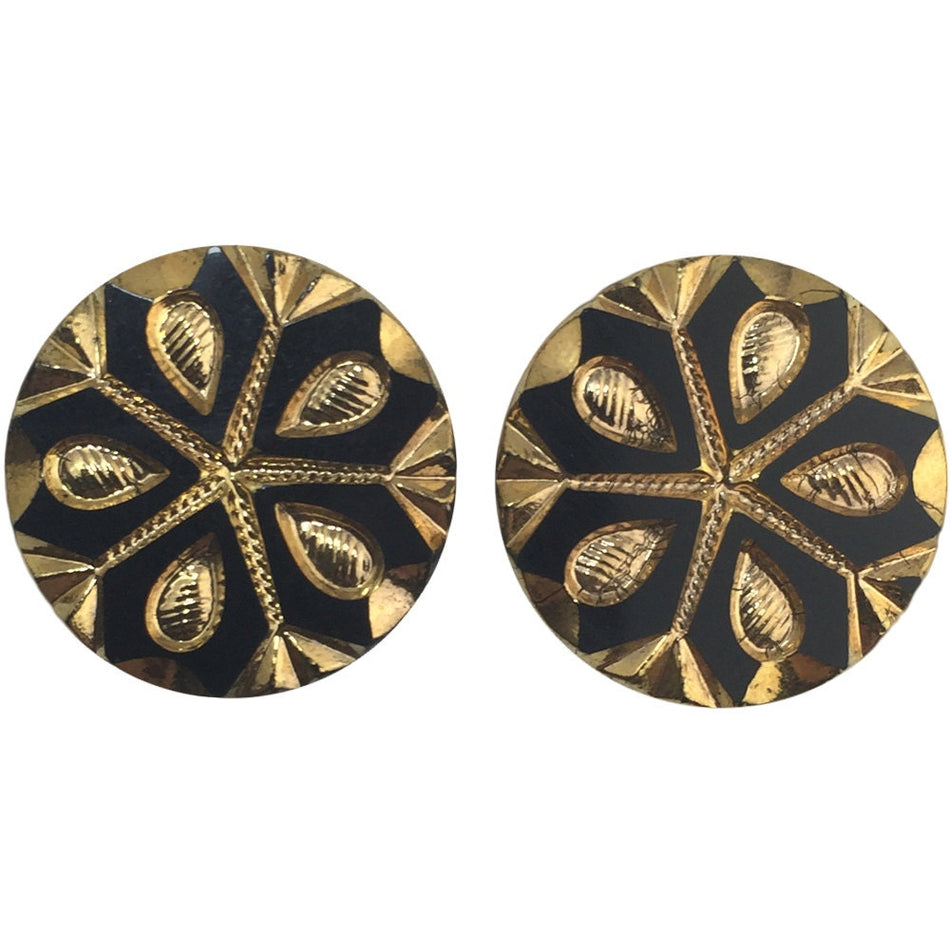 Black and Gold Snowflake Etched Czech Glass Cabochon 22.5mm (2) cab905A