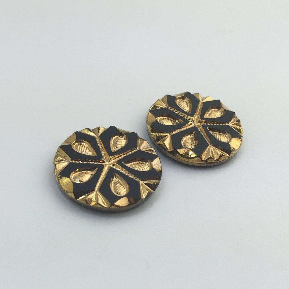 Black and Gold Snowflake Etched Czech Glass Cabochon 22.5mm (2) cab905A
