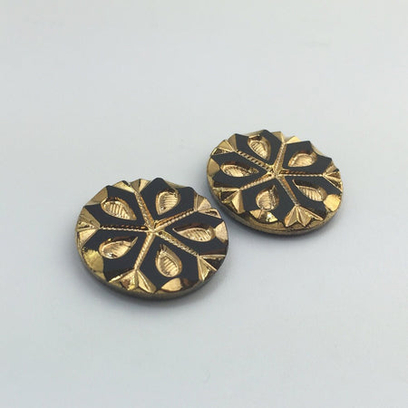 Black and Gold Snowflake Etched Czech Glass Cabochon 22.5mm (2) cab905A
