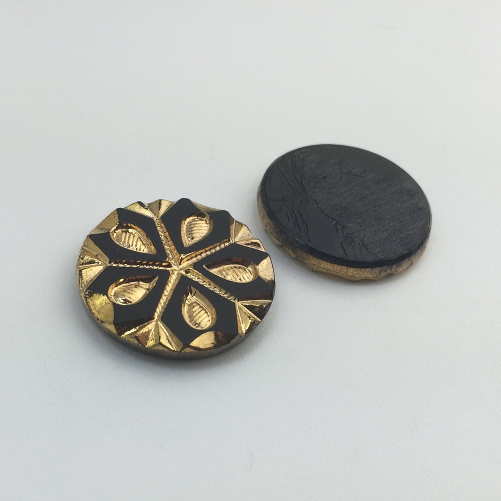 Black and Gold Snowflake Etched Czech Glass Cabochon 22.5mm (2) cab905A