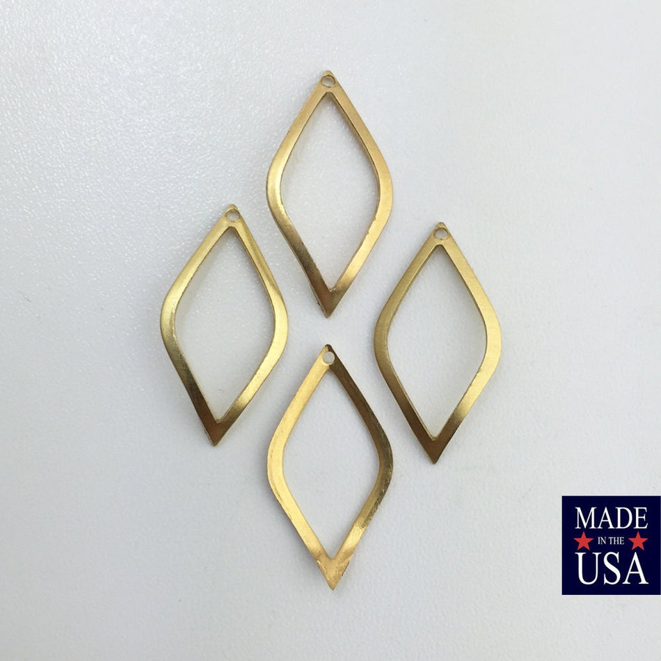 1 Hole Raw Brass Curved Wavy Diamond Pendant Findings 22x11mm (8) mtl448A