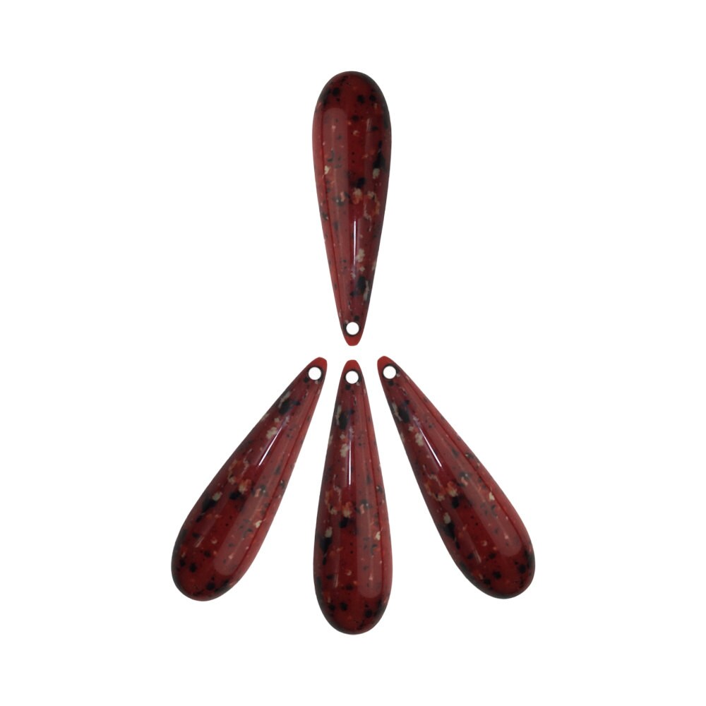 Large Vintage Acrylic Teardrop Beads Red with Black Speckles 40x10mm (4) bds726