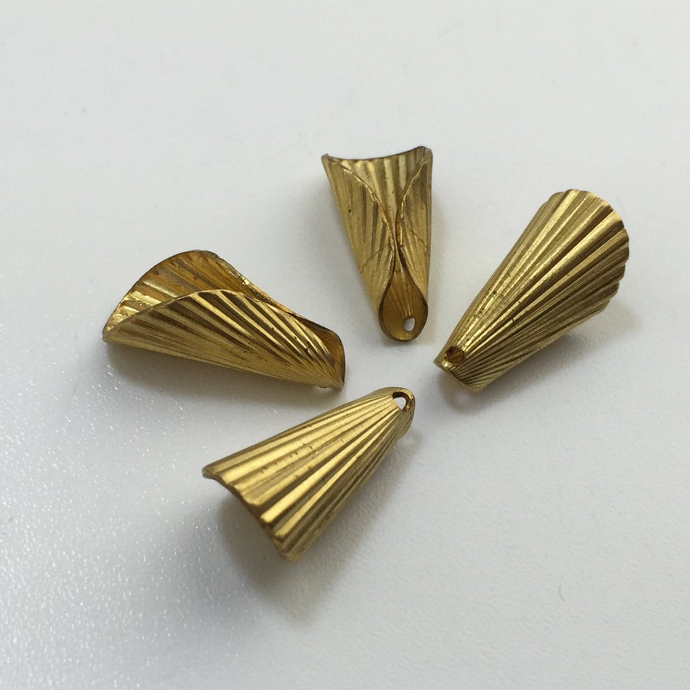 Raw Brass Ribbed Cone Pendant or Bead Cap Small 19x9mm (4) mtl027D