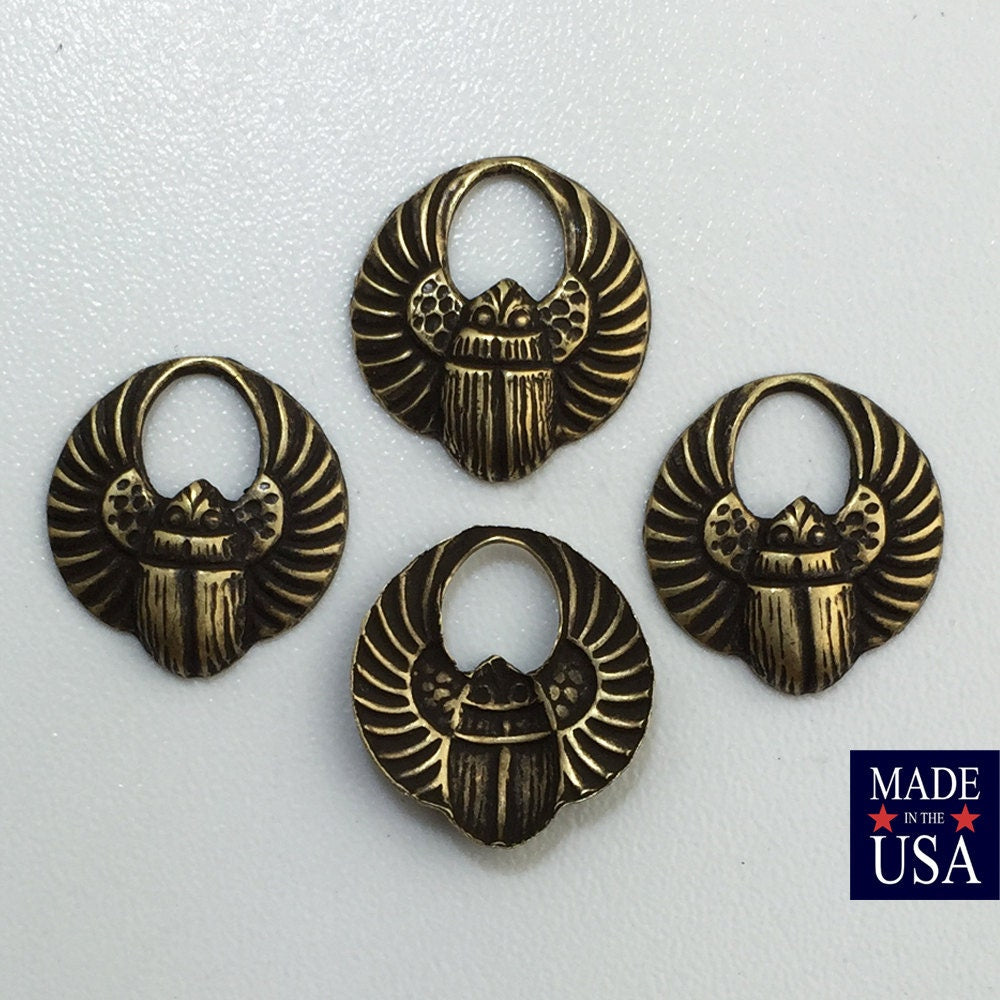 Small Brass Ox Egyptian Scarab Hoop Charms Drops 14x13mm (8) mtl030B