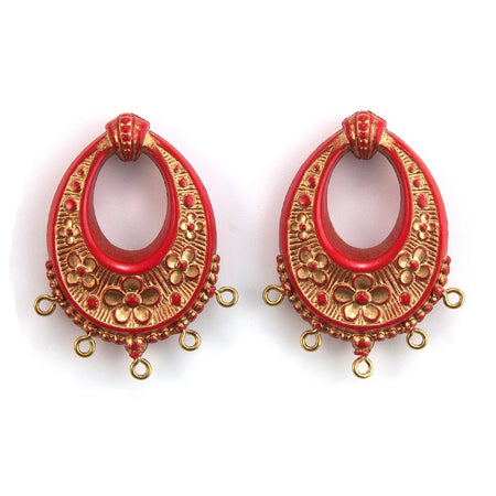 Vintage Red with Gold Floral Chandelier Pendants Earrings 40x30mm (2) pnd065A