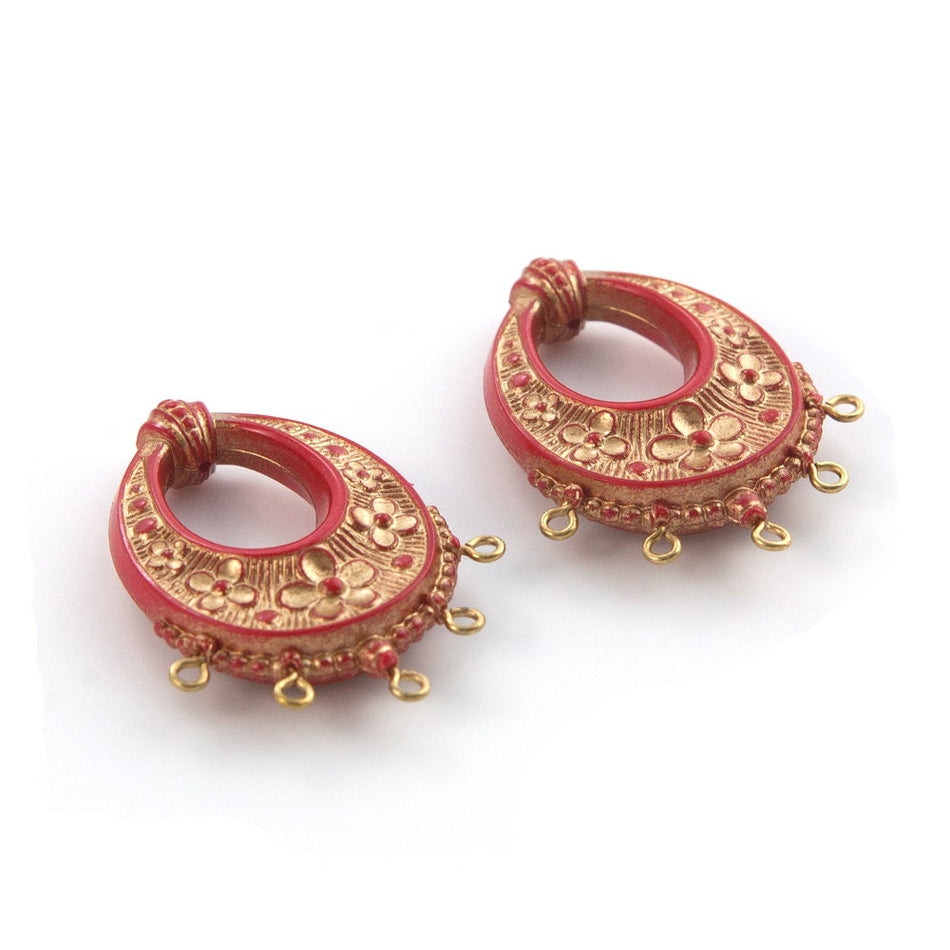 Vintage Red with Gold Floral Chandelier Pendants Earrings 40x30mm (2) pnd065A