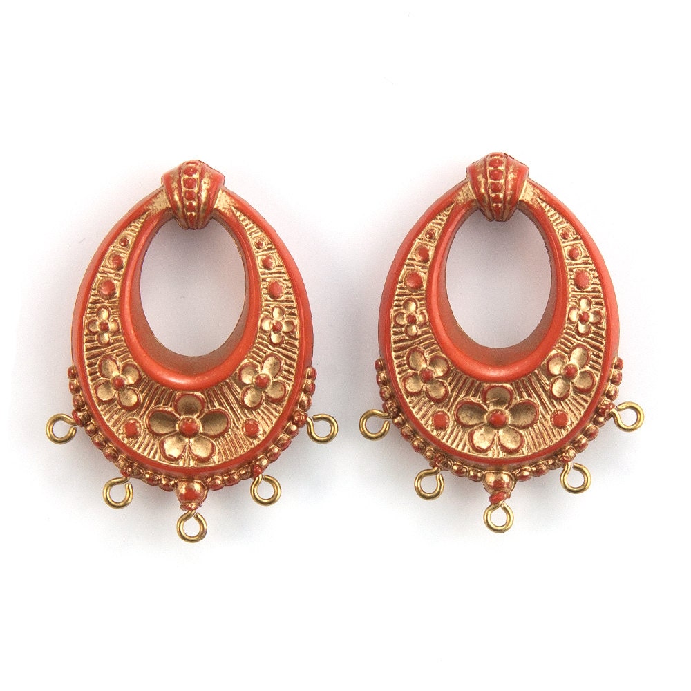 Vintage Burnt Orange with Gold Floral Chandelier Pendants Earrings 40x30mm (2) pnd065E