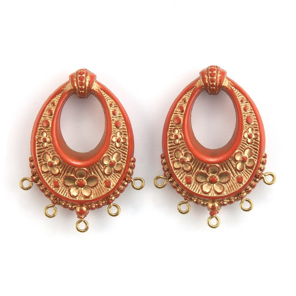 Vintage Burnt Orange with Gold Floral Chandelier Pendants Earrings 40x30mm (2) pnd065E