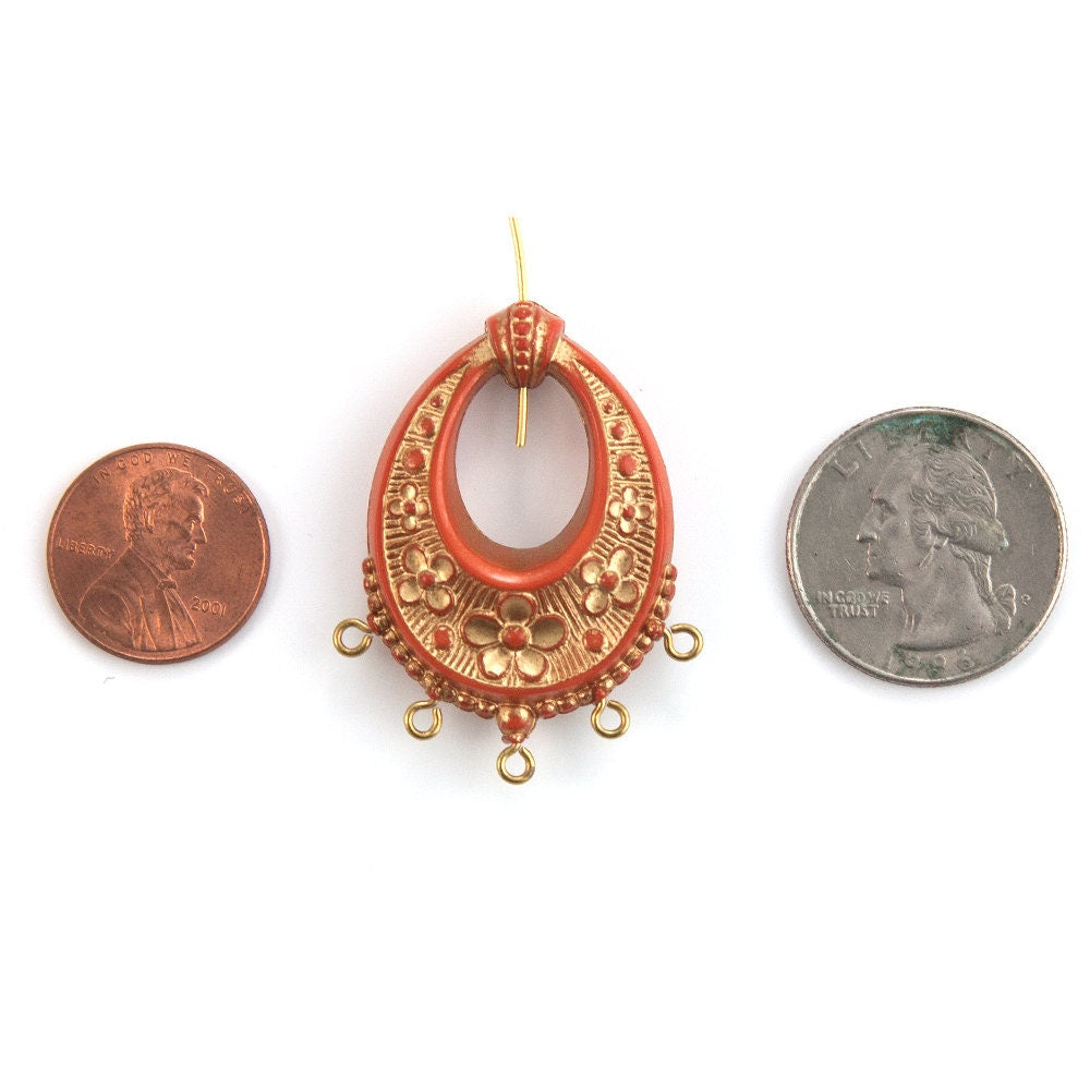 Vintage Burnt Orange with Gold Floral Chandelier Pendants Earrings 40x30mm (2) pnd065E