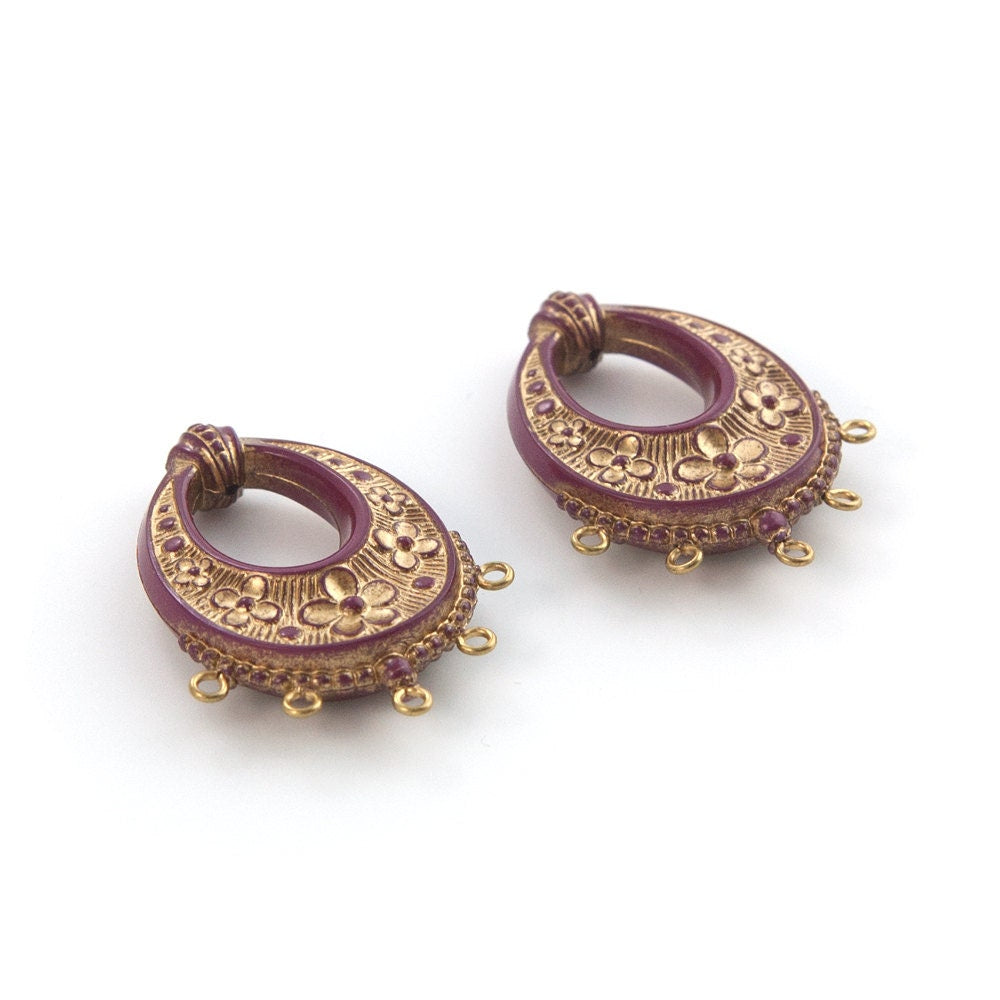 Vintage Burgundy Wine with Gold Floral Chandelier Pendants Earrings 40x30mm (2) pnd065B