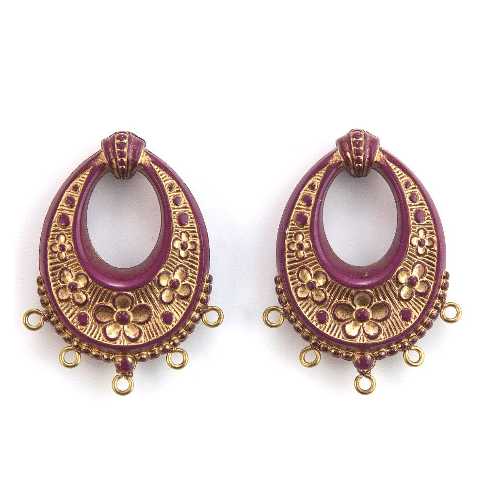 Vintage Burgundy Wine with Gold Floral Chandelier Pendants Earrings 40x30mm (2) pnd065B