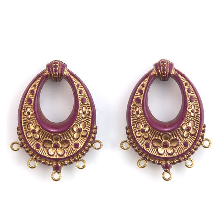 Vintage Burgundy Wine with Gold Floral Chandelier Pendants Earrings 40x30mm (2) pnd065B