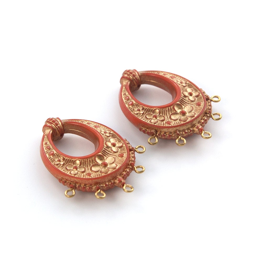 Vintage Burnt Orange with Gold Floral Chandelier Pendants Earrings 40x30mm (2) pnd065E