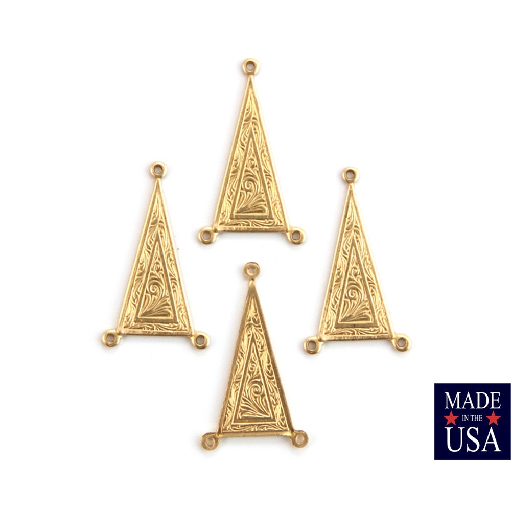 3 Loop Raw Brass Etched Triangle Connector Link 27x15mm (4) mtl044A