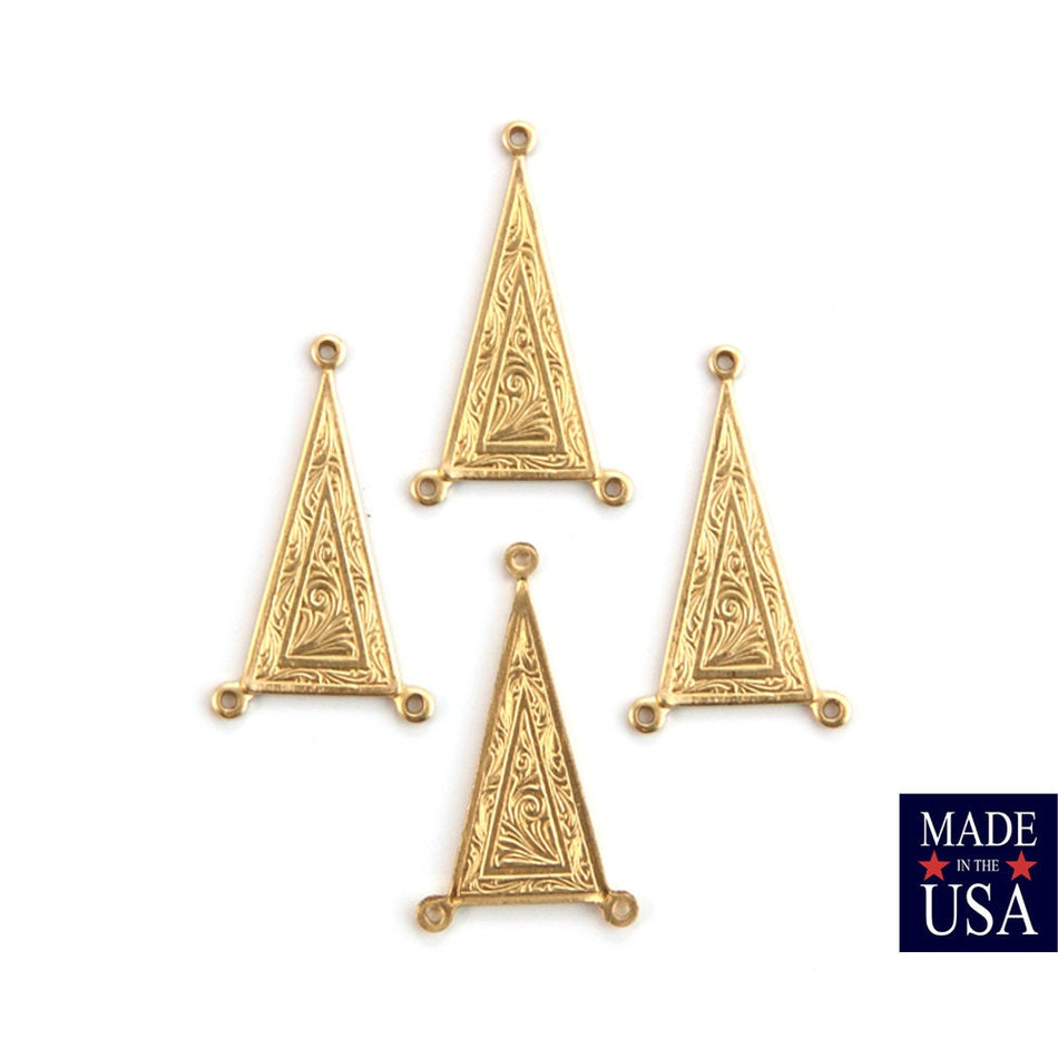 3 Loop Raw Brass Etched Triangle Connector Link 27x15mm (4) mtl044A