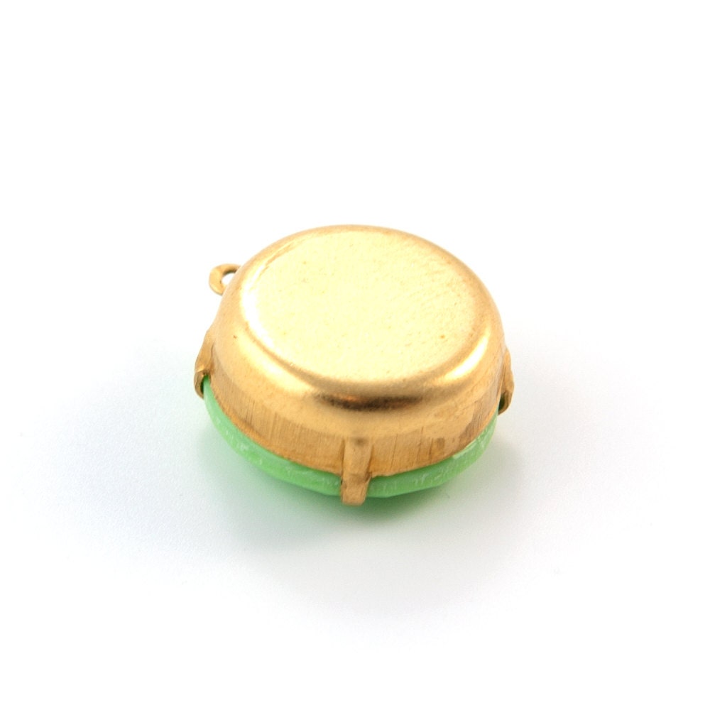 Vintage Opaque Green Faceted Glass Stone 1 Loop Brass Setting 20mm (1) rnd016C