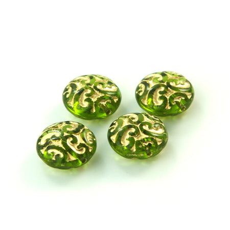14mm Czech Brocade Olivine with Gold Beads (6)