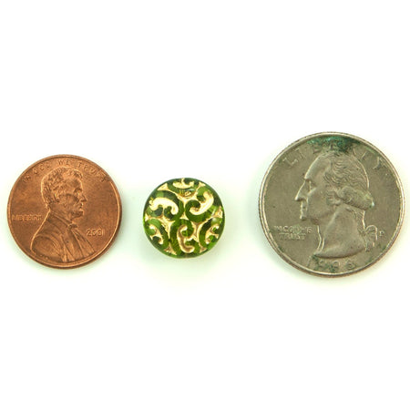 14mm Czech Brocade Olivine with Gold Beads (6)