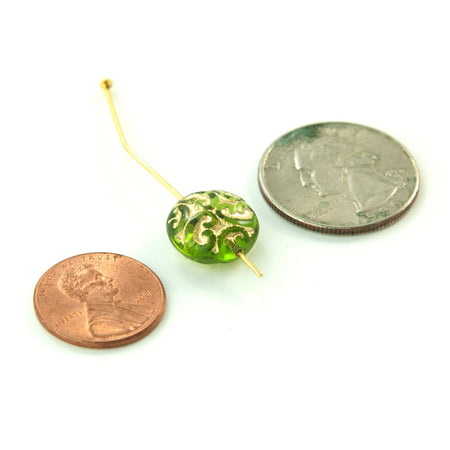 14mm Czech Brocade Olivine with Gold Beads (6)