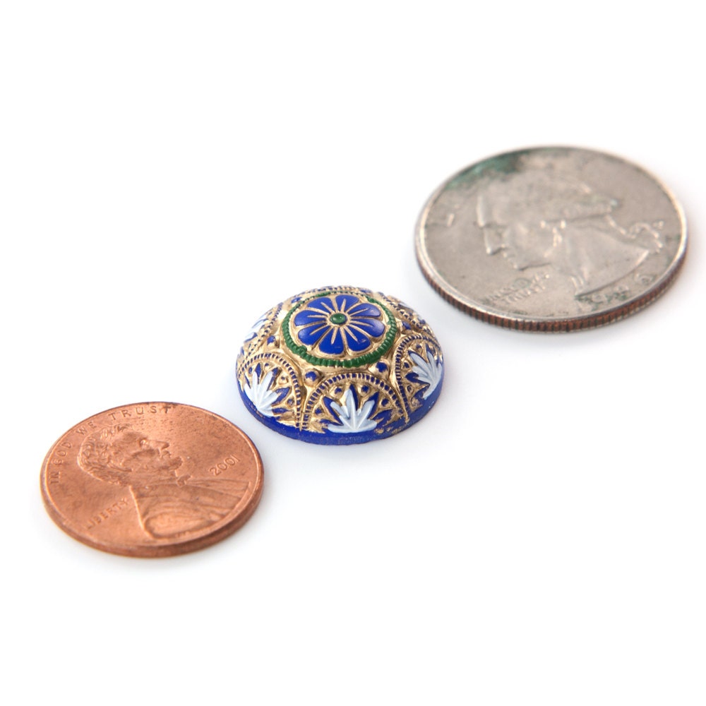 Preciosa Blue Mosaic Glass Cabochons with Gold White 18mm (1) cab756J