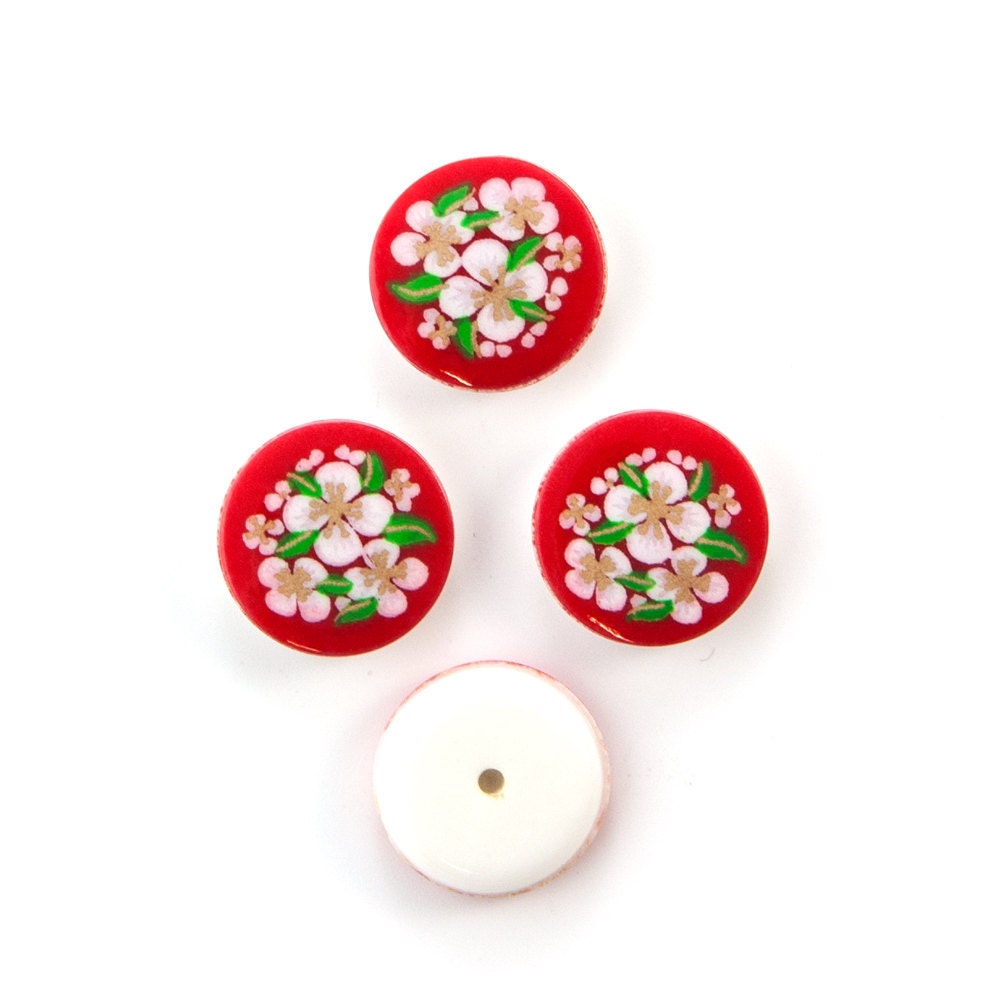 Vintage Red with White Flowers Cabochons Japan 13mm cab380