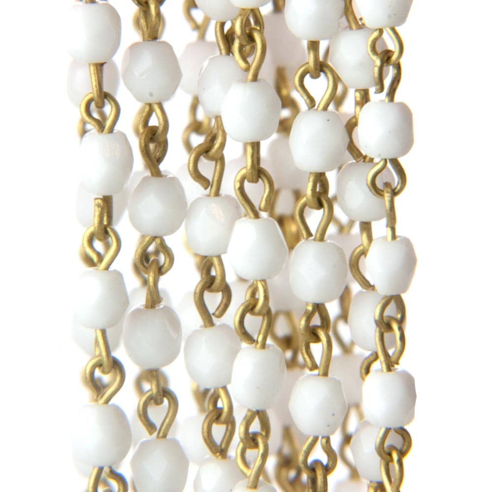 White Faceted Czech Glass Bead 4mm Chain Raw Brass Links chn165