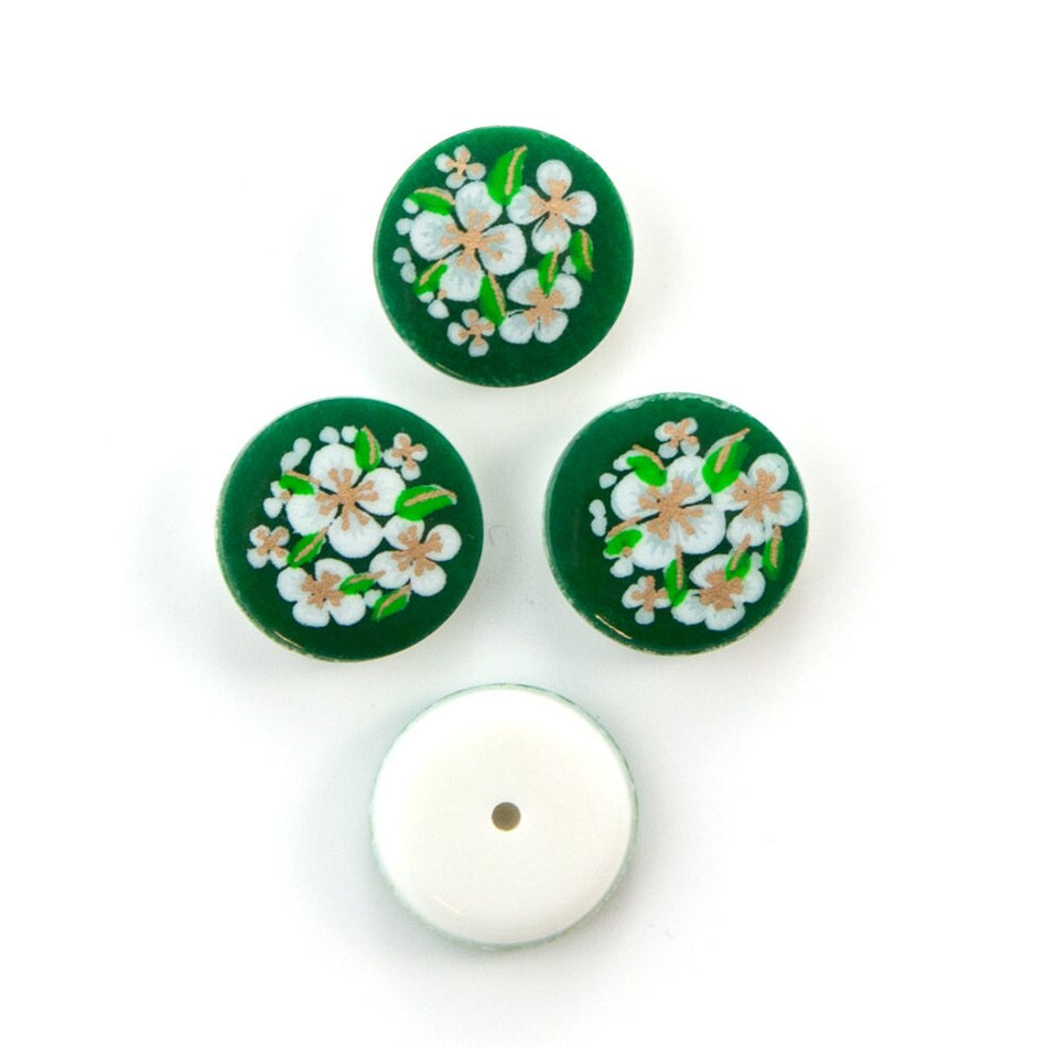 Vintage Green with White Flowers Cabochons Japan 13mm cab380C