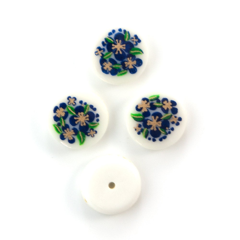 Vintage White with Blue Flowers Cabochons Japan 13mm cab380E