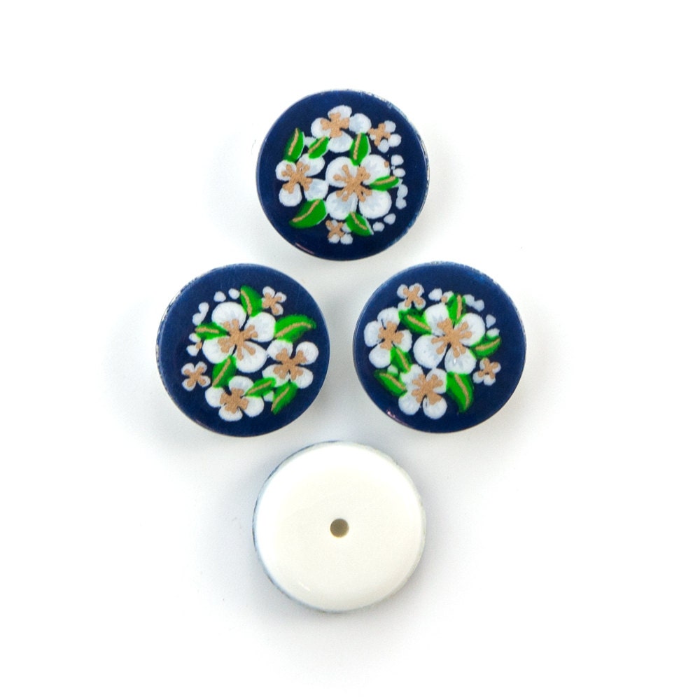 Vintage Navy Blue with White Flowers Cabochons Japan 13mm cab380D