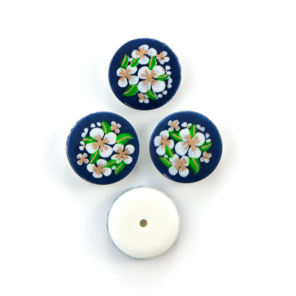 Vintage Navy Blue with White Flowers Cabochons Japan 13mm cab380D