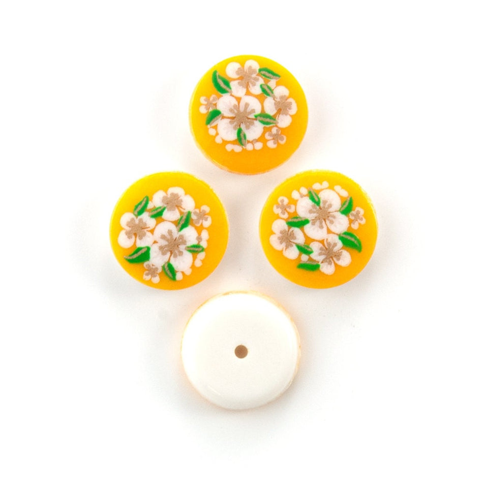 Vintage Yellow with White Flowers Cabochons Japan 13mm cab380B
