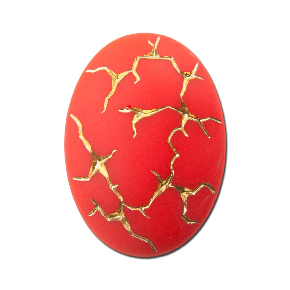 Vintage Orange Red with Gold Glass Cabochons Germany 25x18mm (1) cab453A
